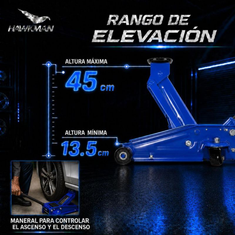 Gato Hidráulico Patín Hawkman 3 Ton Ruedas 360° Altura 13.5-45 cm Ruedas 360°