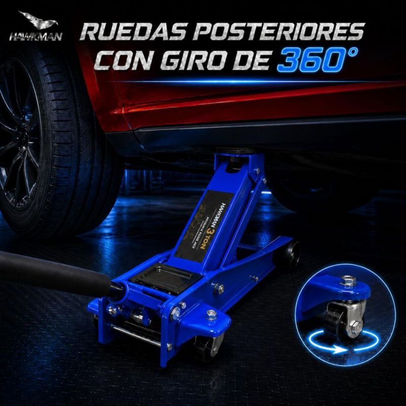 Gato Hidráulico Patín Hawkman 3 Ton Ruedas 360° Altura 13.5-45 cm Ruedas 360°
