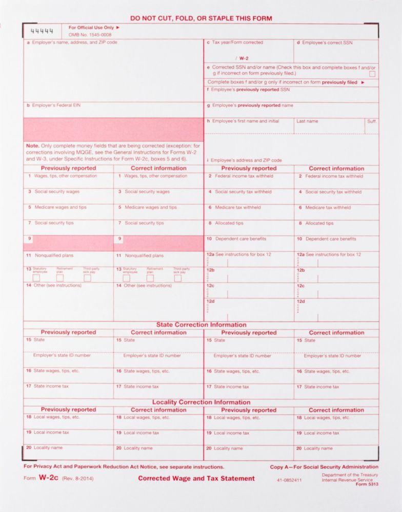 Formularios W-2C Dutymark de 4 partes – paquete de 25