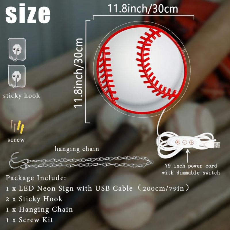 Letrero de neón Ecluloriven de béisbol 30 cm regulable rojo