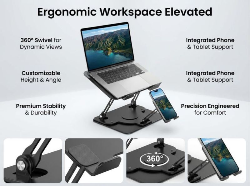 Soporte para laptop Electmagic ajustable con rotación de 360° y soporte para celular