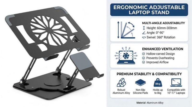 Soporte para laptop Electmagic ajustable con rotación de 360° y soporte para celular