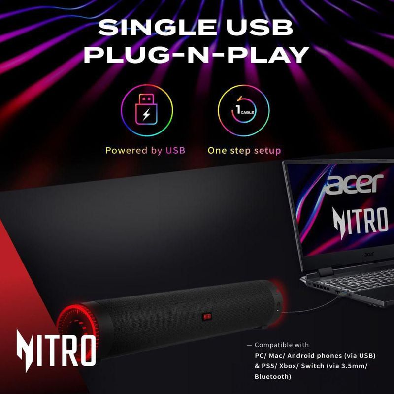 Barra de sonido para juegos Acer Nitro 2.0, Bocina Bluetooth/USB con Nitro Pulse RGB, Compatible con PC, Laptop,Monitor,Tablet, Smartphone, Xbox y PS5
