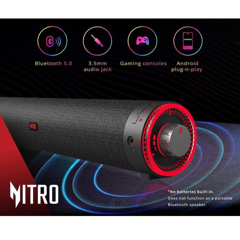 Barra de sonido para juegos Acer Nitro 2.0, Bocina Bluetooth/USB con Nitro Pulse RGB, Compatible con PC, Laptop,Monitor,Tablet, Smartphone, Xbox y PS5