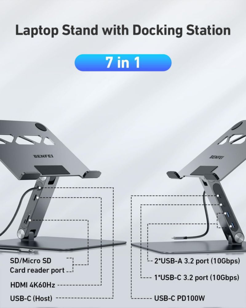 Soporte para laptop BENFEI USB-C 7 en 1 con dock HDMI 4K y PD de 100 W