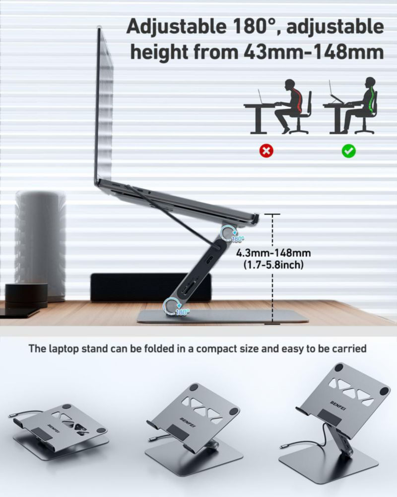 Soporte para laptop BENFEI USB-C 7 en 1 con dock HDMI 4K y PD de 100 W
