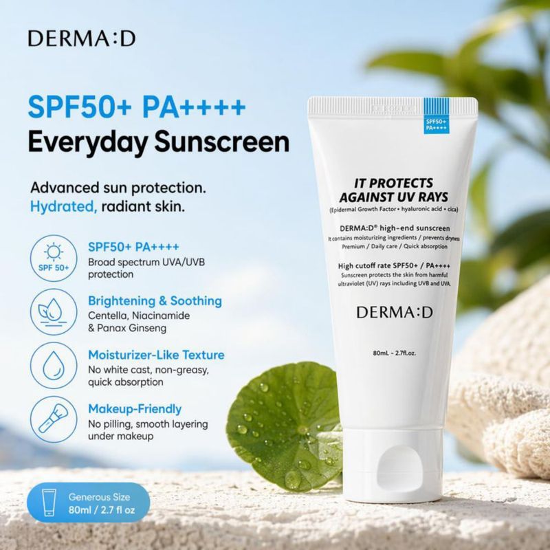 Protector solar DERMA:D SPF50 PA++++ 80 ml con Centella y Niacinamida