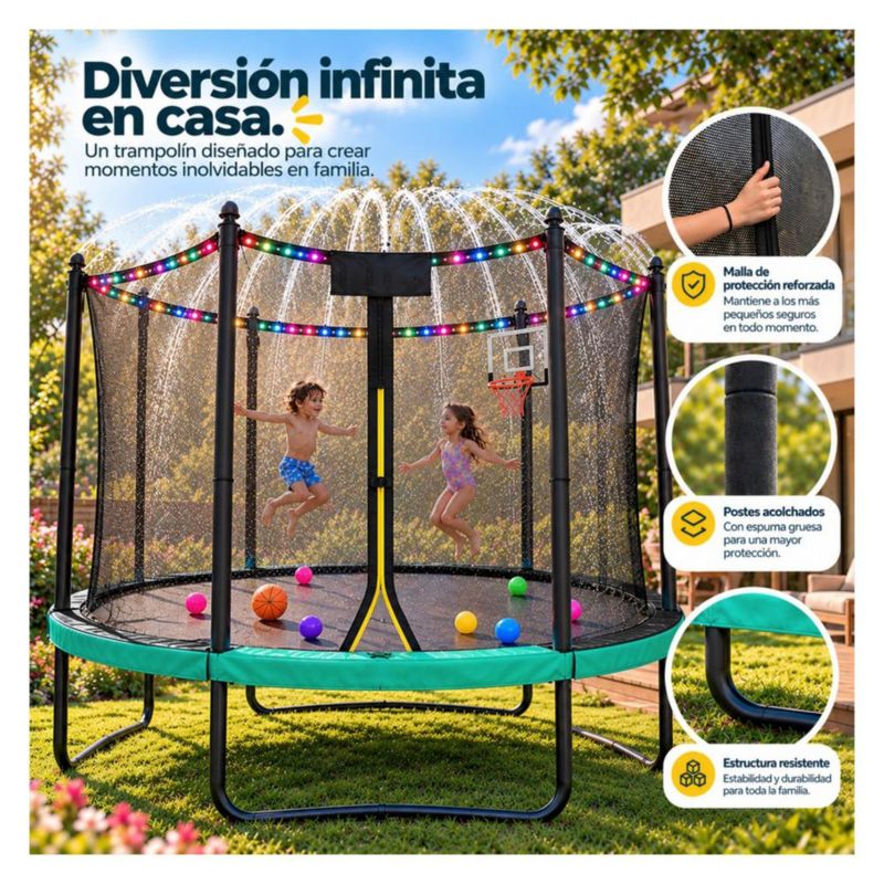 Trampolin Brincolin 10 Ft 305cm Little Monkey con Aspersor de Agua Luz LED Malla Seguridad Cama Elastica Exterior Jardin Ninos y Adultos