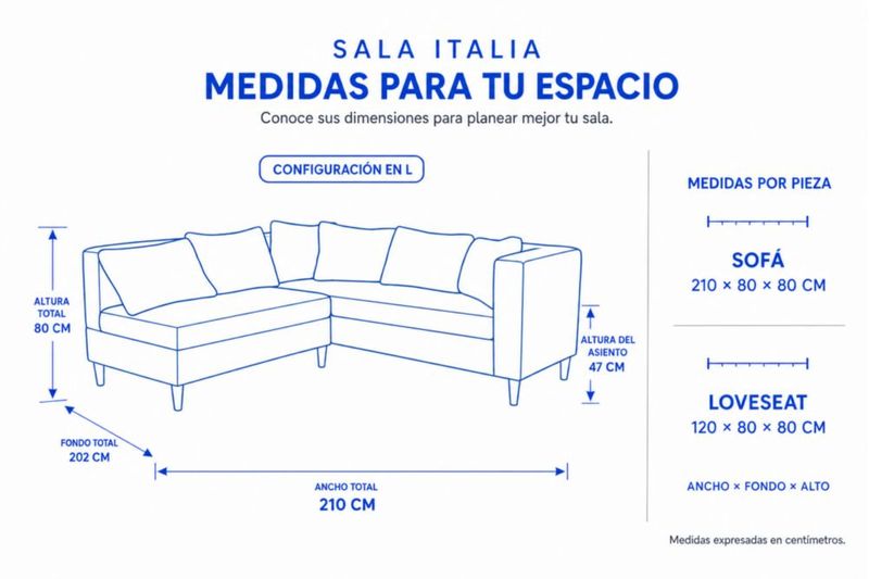 Sala Italia LASE Sofá + Loveseat 3-2 Configurable con 6 Cojines Onix