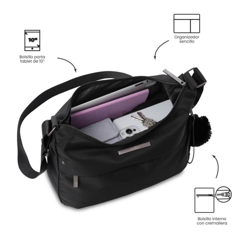 Bolsa de Dama - Mujer Crossbody Totto Adelaide 1 2.0 Negra con Porta Tablet 10 y Múltiples Bolsillos