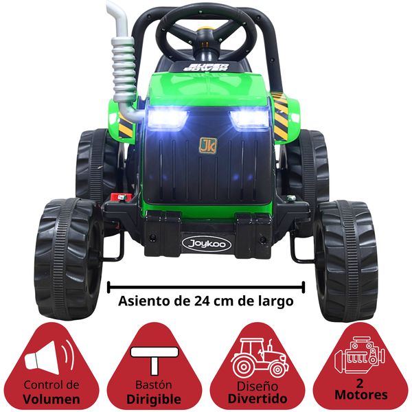 Montable Eléctrico Para Niños Mini Tractor Con Bastón Dirigible Volante Y Pedal Acelerador Luces Música Batería 12V - Verde
