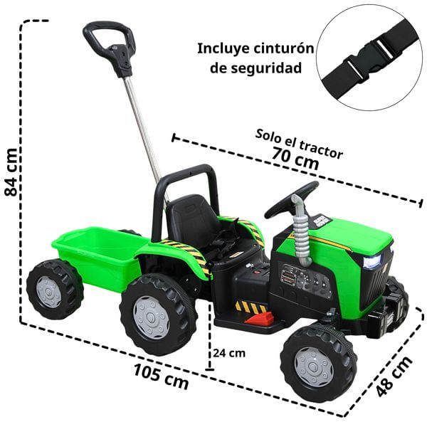 Montable Eléctrico Para Niños Mini Tractor Con Bastón Dirigible Volante Y Pedal Acelerador Luces Música Batería 12V - Verde