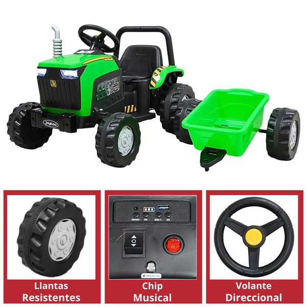 Montable Eléctrico Para Niños Mini Tractor Con Bastón Dirigible Volante Y Pedal Acelerador Luces Música Batería 12V - Verde