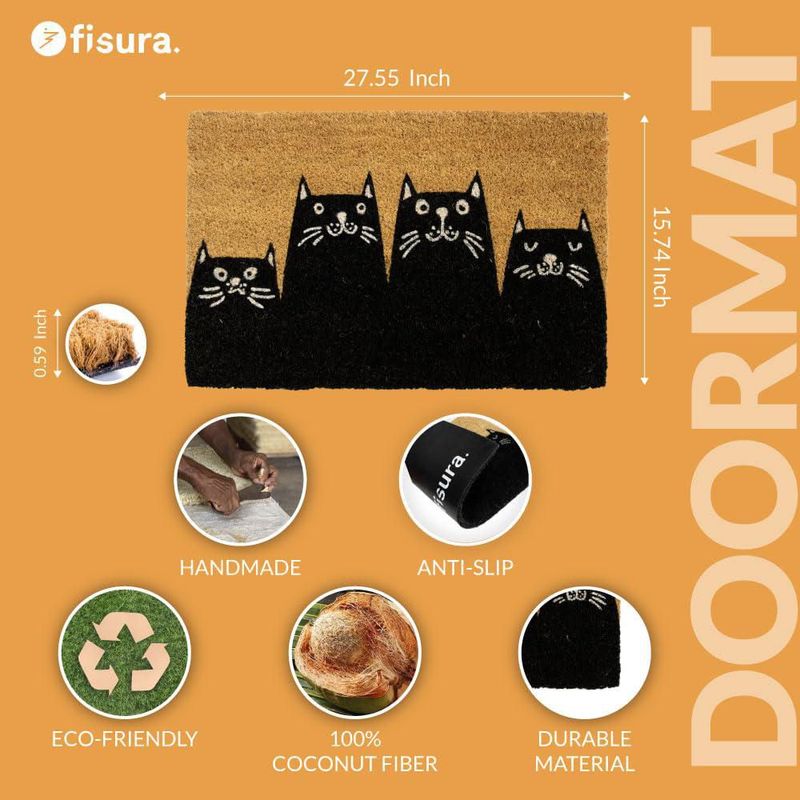 Felpudo Fisura 46 × 76 cm de fibra de coco natural con diseño de gatos