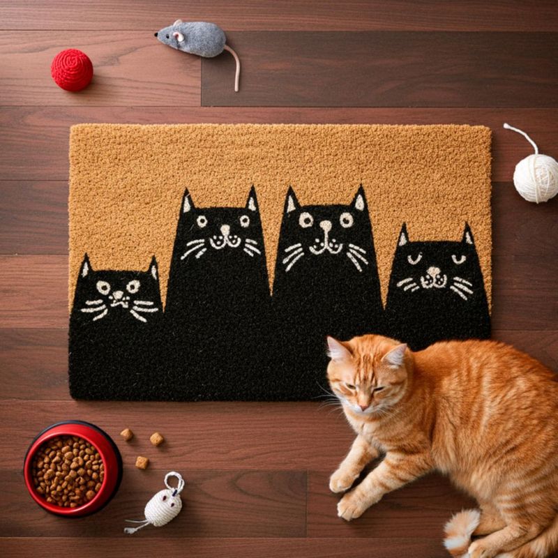 Felpudo Fisura 46 × 76 cm de fibra de coco natural con diseño de gatos