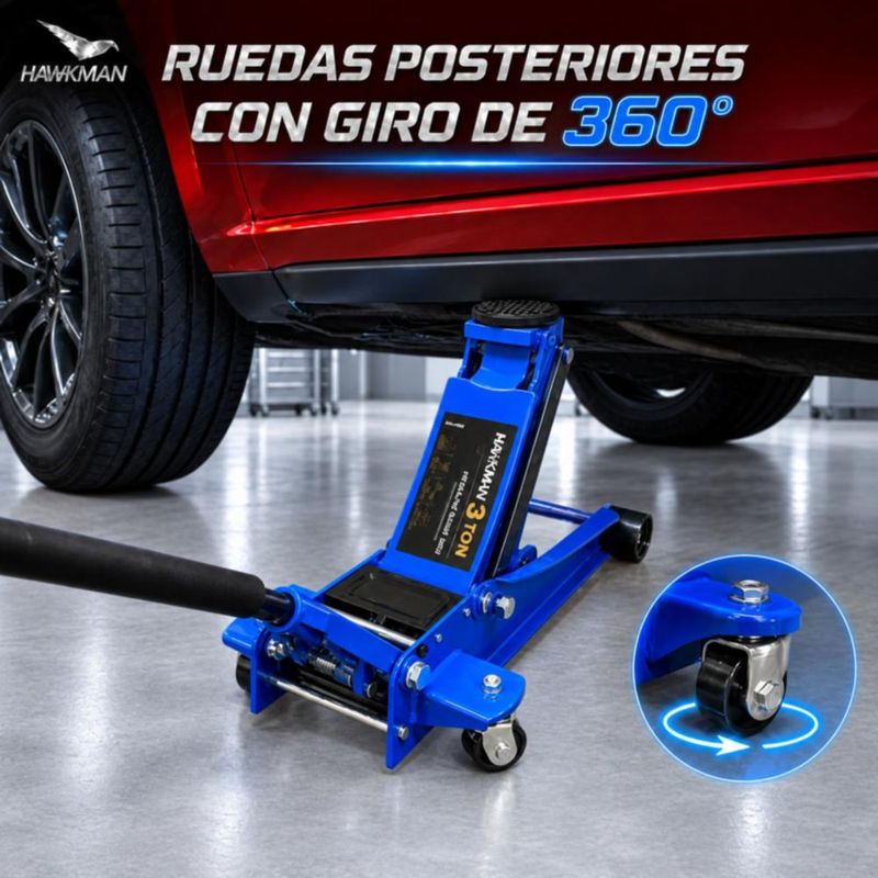 Gato Hidráulico de Patín Hawkman 3 Ton Doble Pistón Altura 8.5 a 45 cm