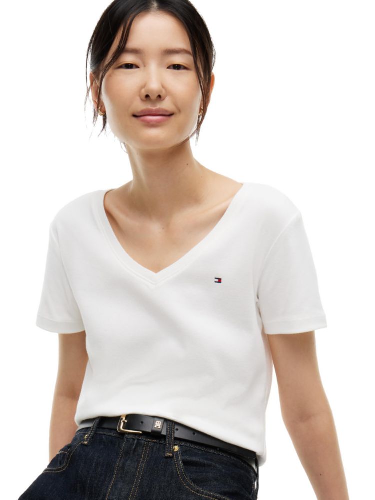 Camiseta Tommy Hilfiger XS Ecru de Punto Canelado y Cuello en V