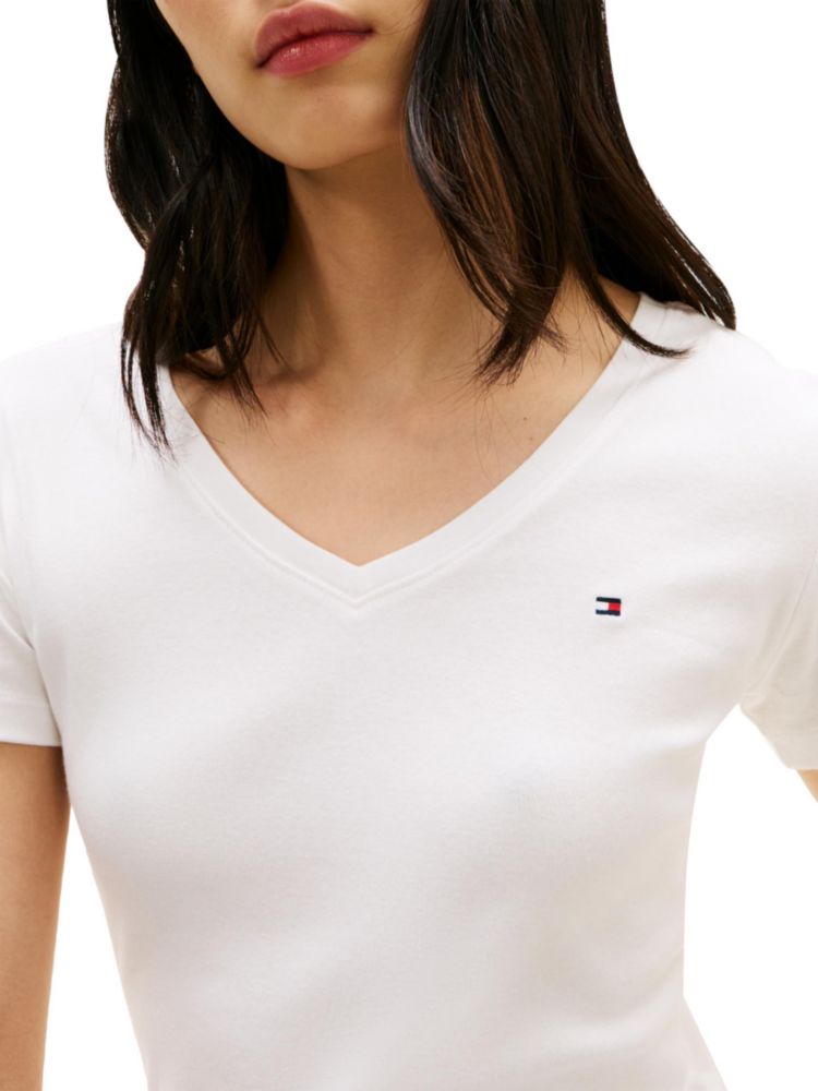 Camiseta Tommy Hilfiger XS Ecru de Punto Canelado y Cuello en V