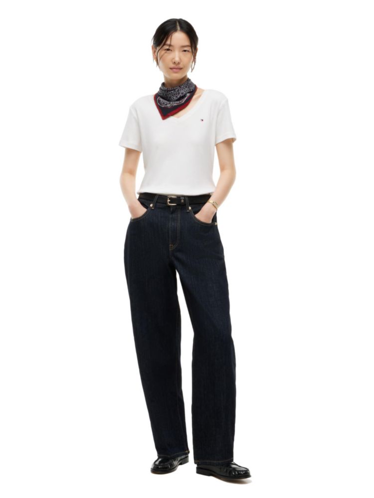 Camiseta Tommy Hilfiger XS Ecru de Punto Canelado y Cuello en V