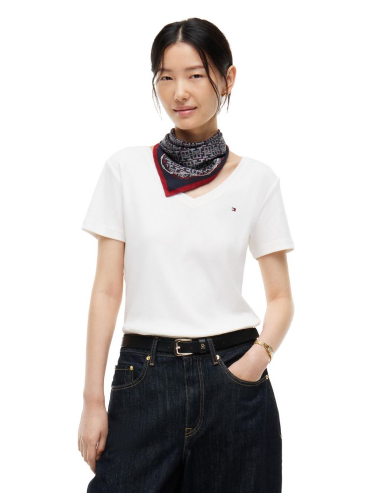 Camiseta Tommy Hilfiger XS Ecru de Punto Canelado y Cuello en V