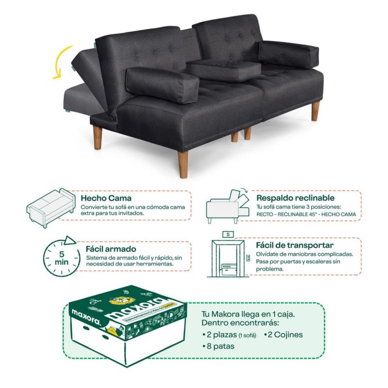Sofá Cama Makora Queen Con Memory Foam, Color Gris Oxford, Lino Respaldo Reclinable De 3 posiciones.
