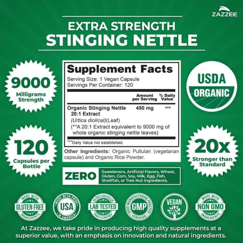 Zazzee Stinging Nettle 9000mg Salud De La Próstata 120 Cáps Sin Sabor