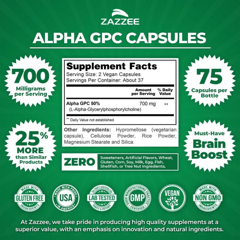 Zazzee Alpha Gpc Choline 600mg Función Cerebral 75 Cápsulas Sabor Sin Sabor