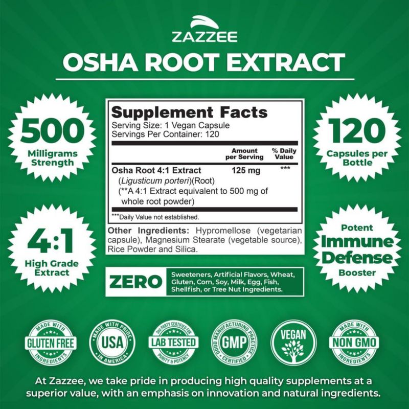 Zazzee Osha Root 500 Mg Salud Respiratoria 120 Cápsulas Sabor Sin Sabor
