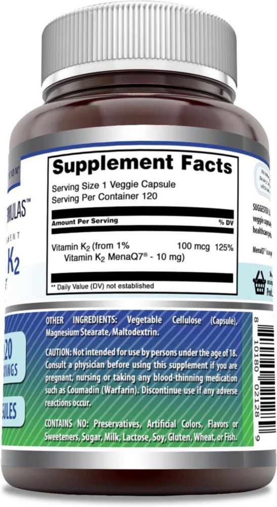 Amazing Formulas Vitamina K2 Mk7 MenaQ7 Más Potente 100mcg 120 Cápsulas Veganas Sin Sabor