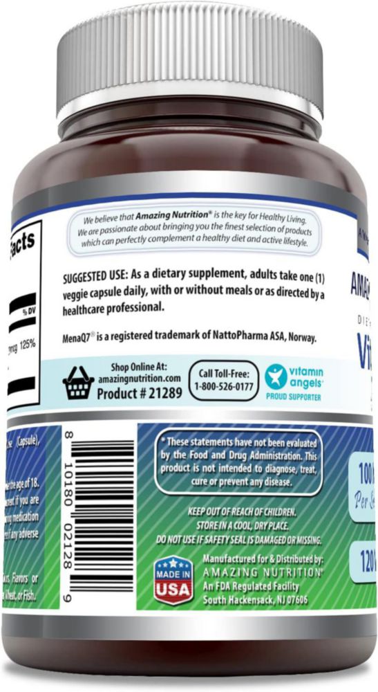 Amazing Formulas Vitamina K2 Mk7 MenaQ7 Más Potente 100mcg 120 Cápsulas Veganas Sin Sabor