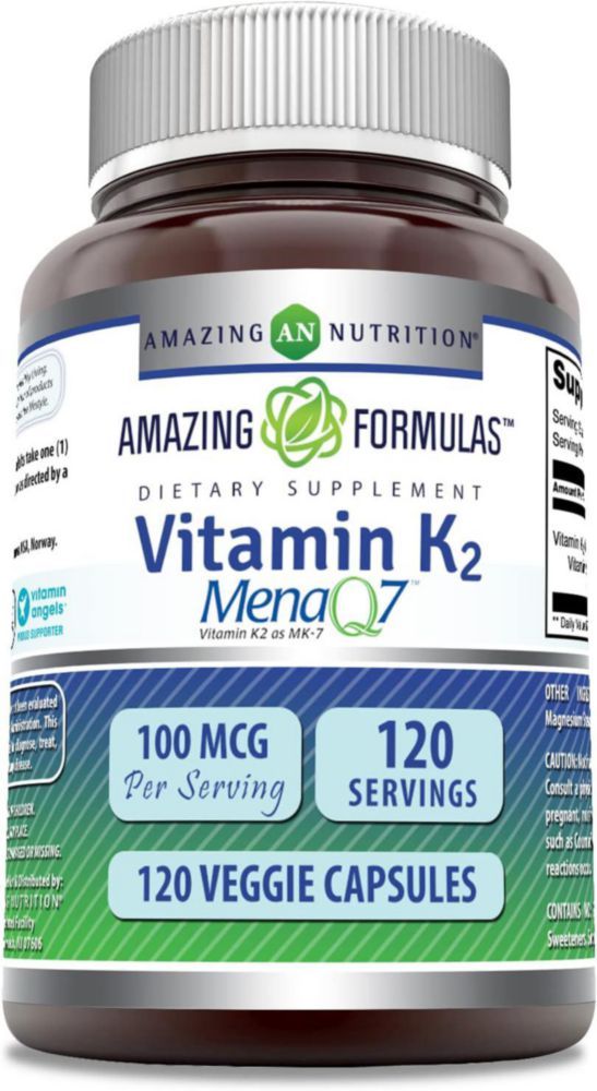 Amazing Formulas Vitamina K2 Mk7 MenaQ7 Más Potente 100mcg 120 Cápsulas Veganas Sin Sabor