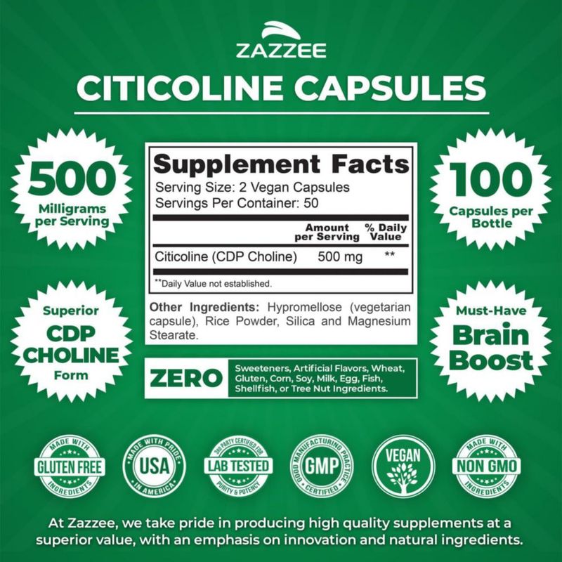Zazzee Citicoline 500mg Salud Cerebral Cognitiva 100 Cáps Sin Sabor
