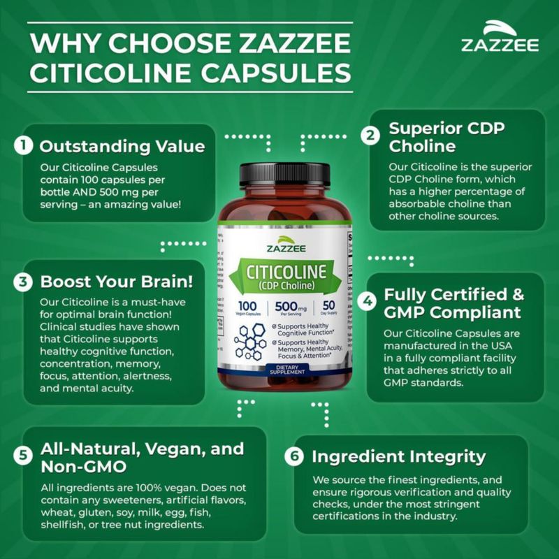 Zazzee Citicoline 500mg Salud Cerebral Cognitiva 100 Cáps Sin Sabor