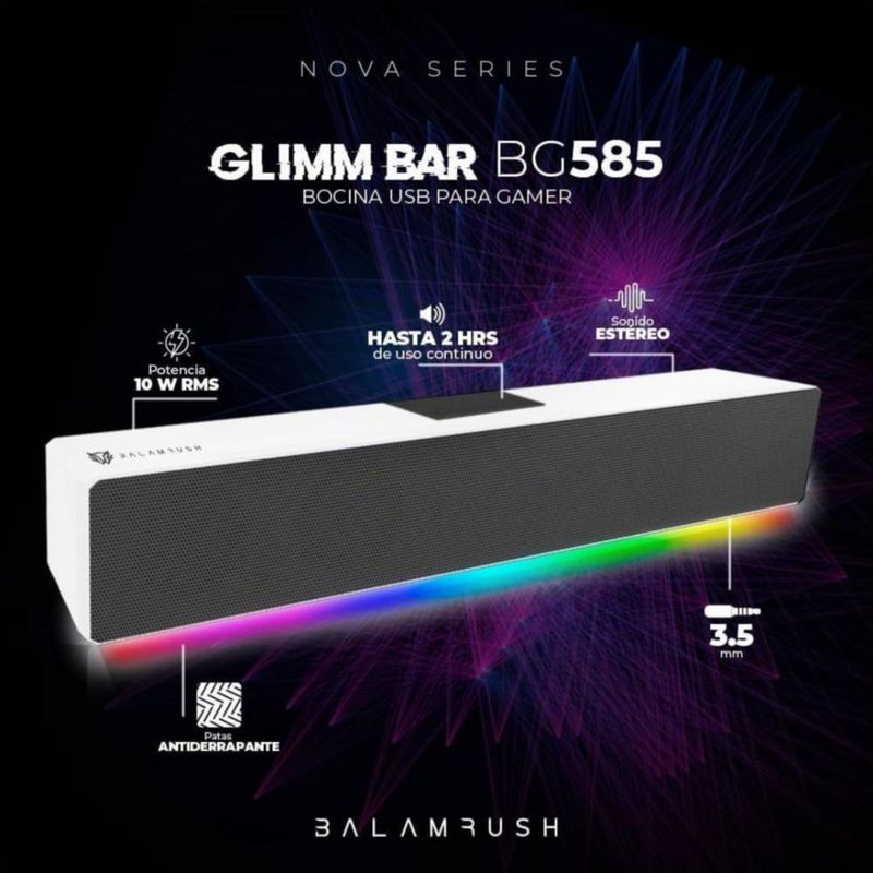 Balam Rush Glimm Bar BG585 Bocina Gamer Soundbar Bluetooth Con Iluminación RGB 10W RMS, AUX 3.5 mm, USB-C – Blanco