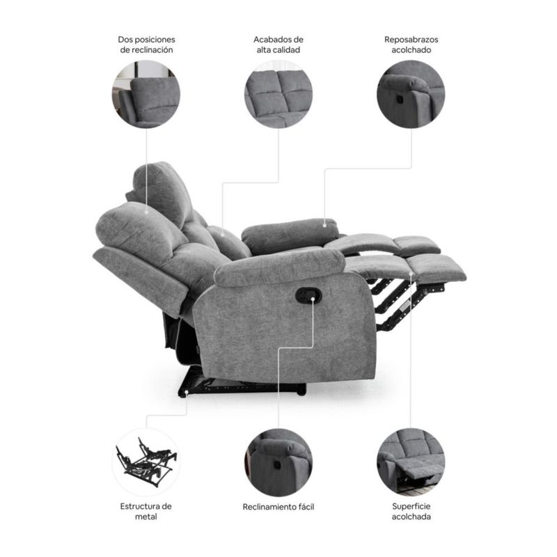 Sofa Reclinable Easy Living Monza Gris Oxford