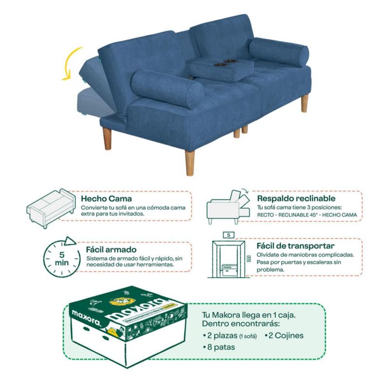 Sofá Cama Makora Zambroni Con Memory Foam, Color Azul, Velvet Respaldo Reclinable De 3 posiciones.