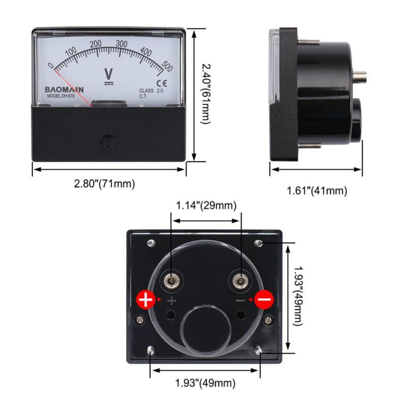Voltímetro de panel analógico Baomain DH-670 DC 0‑500 V Clase 2.5