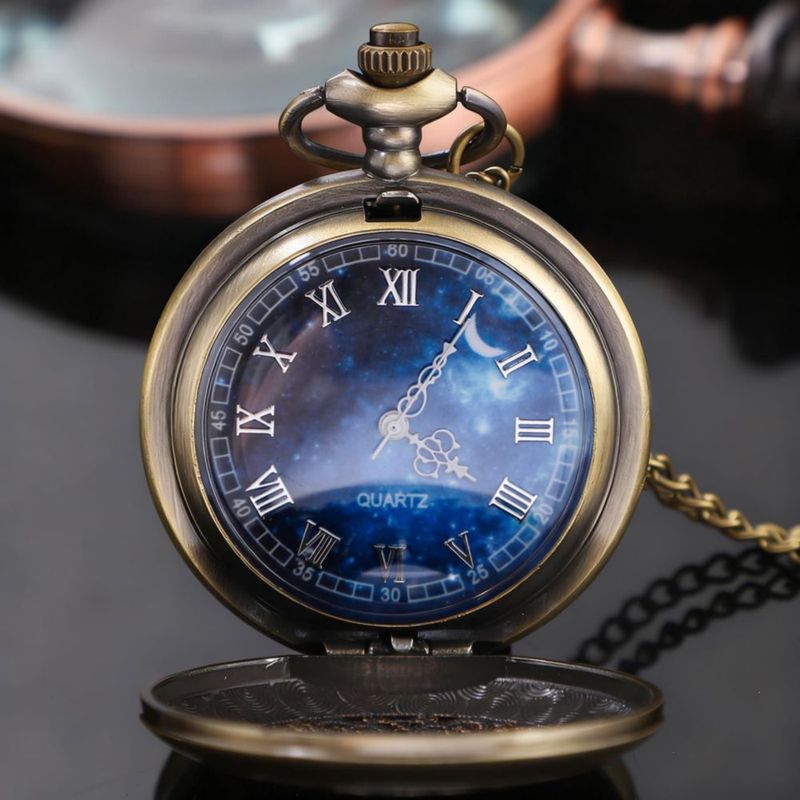 Reloj de bolsillo Tiong 45 mm azul estrellado con cadena de 380 mm