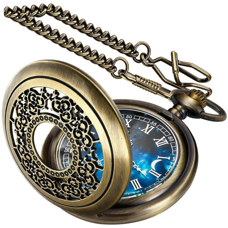 Reloj de bolsillo Tiong 45 mm azul estrellado con cadena de 380 mm