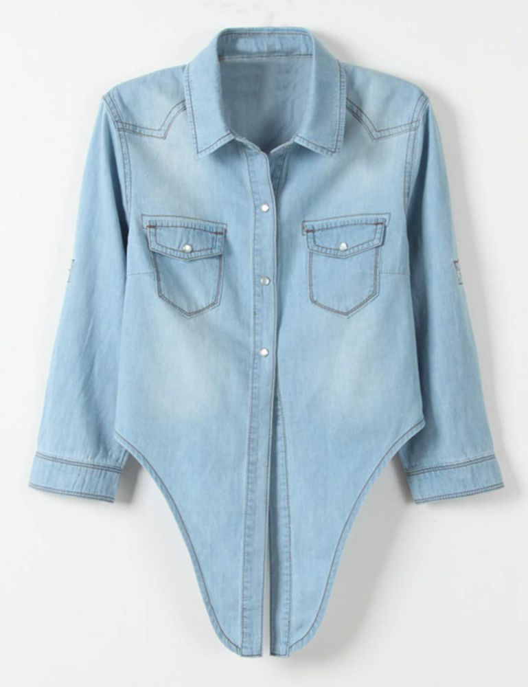 Top corto de denim Omoone de manga 3/4 con lazo ajustable azul claro talla S