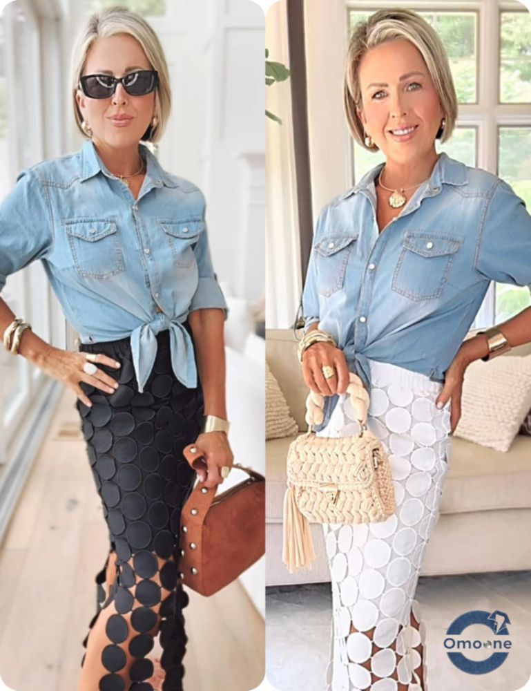 Top corto de denim Omoone de manga 3/4 con lazo ajustable azul claro talla S