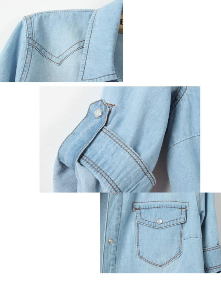 Top corto de denim Omoone de manga 3/4 con lazo ajustable azul claro talla S