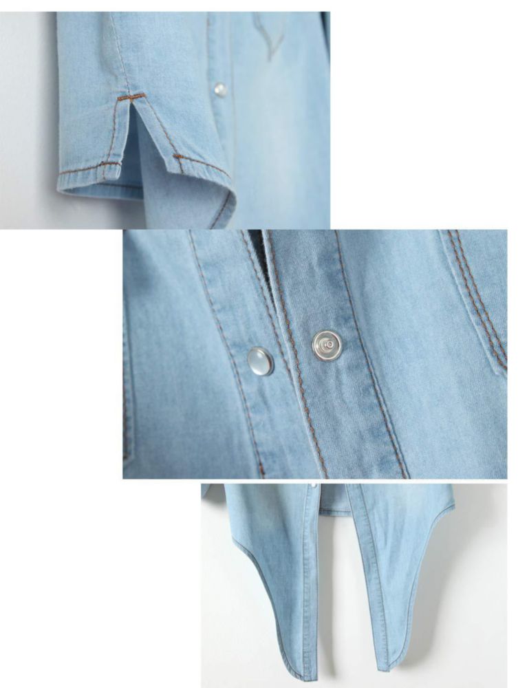 Top corto de denim Omoone de manga 3/4 con lazo ajustable azul claro talla S