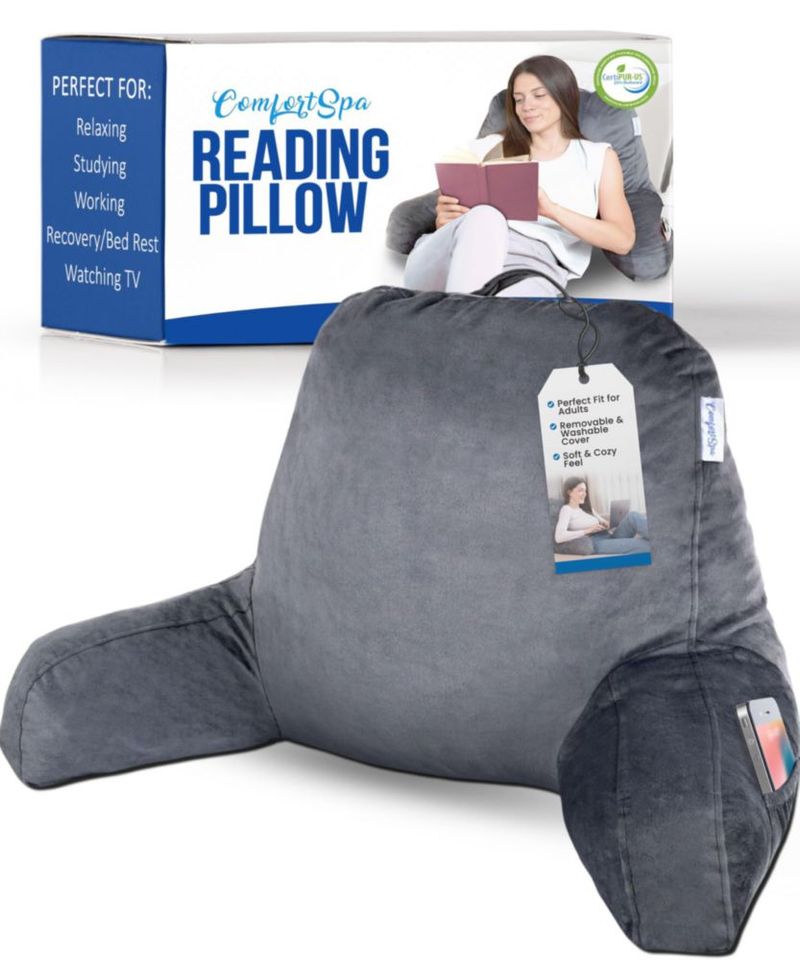 Almohada de Lectura ComfortSpa Grande Gris con Bolsillos para Brazos