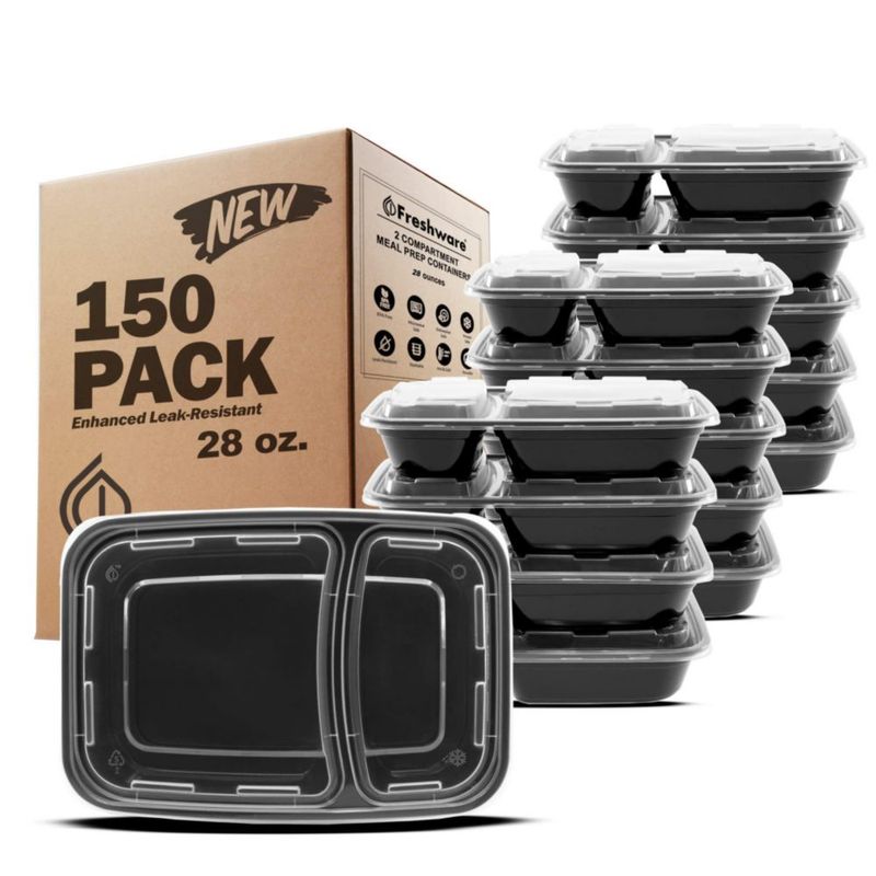 Contenedores Freshware para Preparar Comidas con Tapa de 28 oz (Pack de 150) – Recipientes de Almacenamiento de Alimentos de 2 Compartimentos Caja