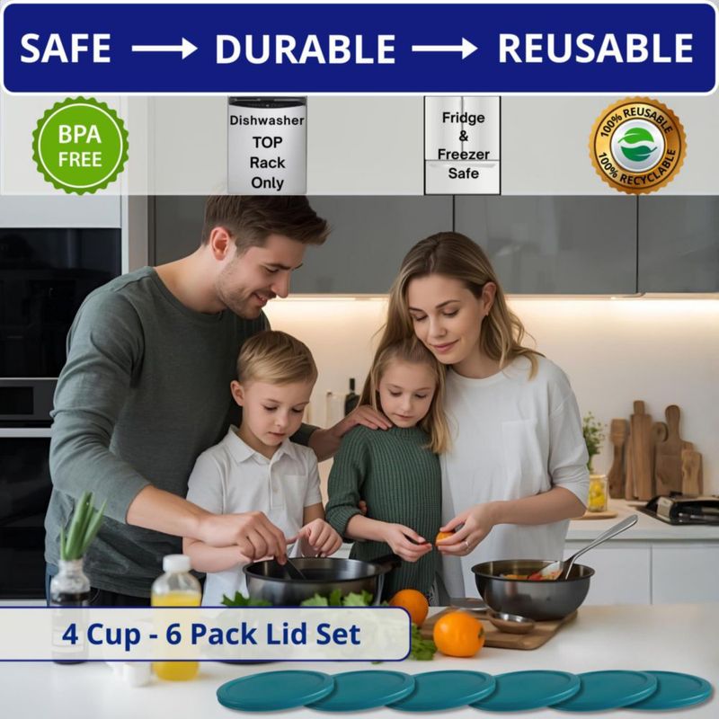 Tapas de repuesto KlareWare para cuencos de 4 tazas tapas de plástico libre de BPA para Pyrex 7201 Anchor Hocking (paquete de 6 turquesa) -