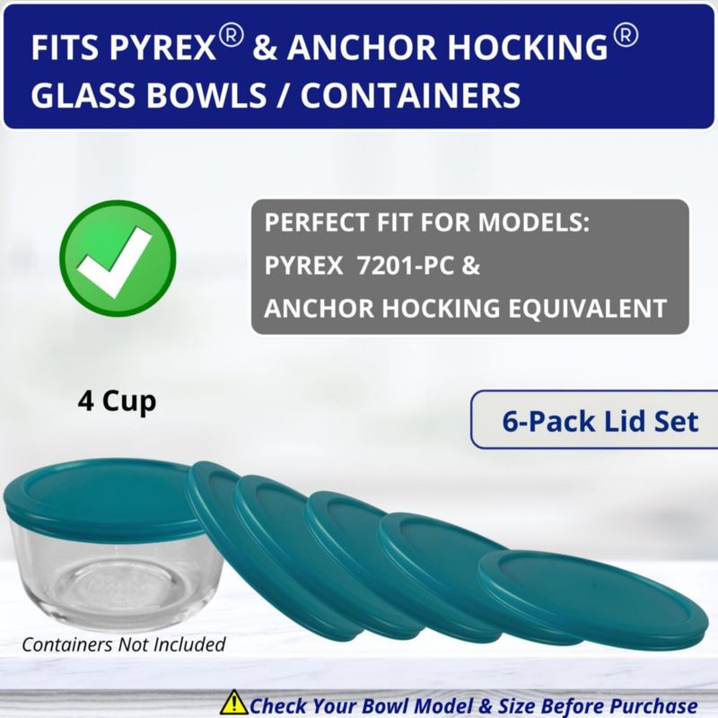 Tapas de repuesto KlareWare para cuencos de 4 tazas tapas de plástico libre de BPA para Pyrex 7201 Anchor Hocking (paquete de 6 turquesa) -