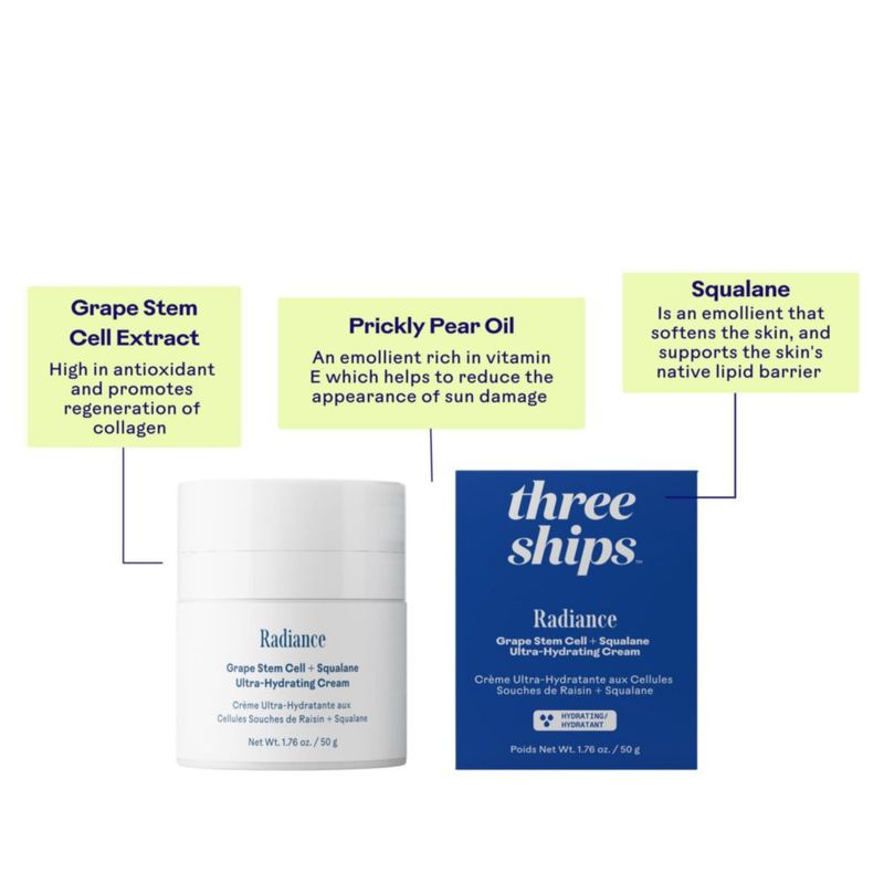 Crema hidratante Three Ships 50 g Células madre de uva + Esqualano