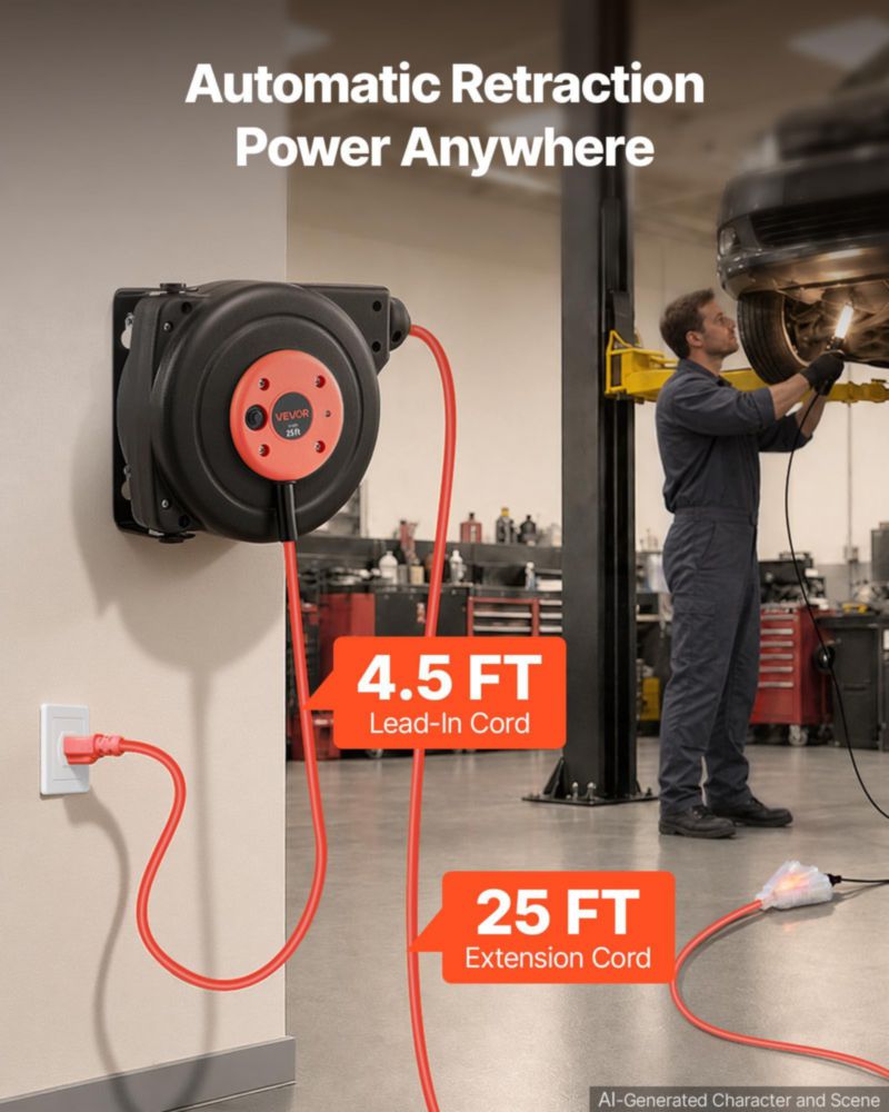 Carrete de cable extensible VEVOR 76 m rojo 14 AWG/3 C 125 V