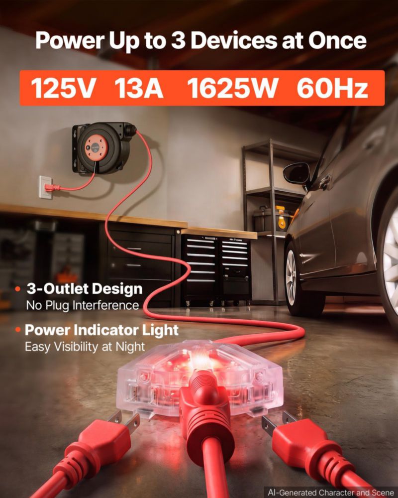 Carrete de cable extensible VEVOR 76 m rojo 14 AWG/3 C 125 V